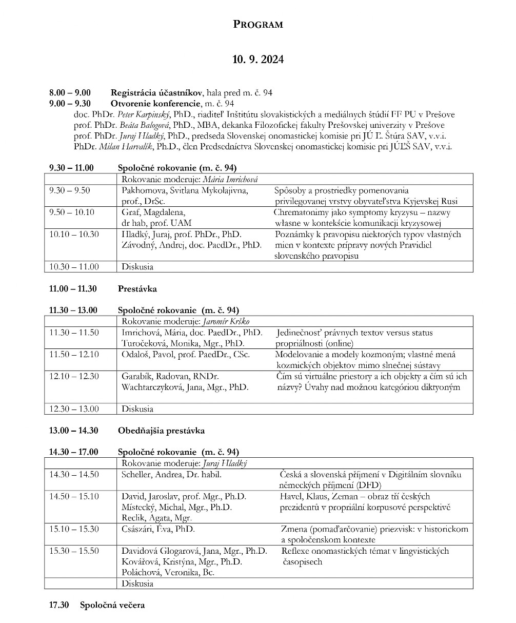 PROGRAM Konferencia TRADI N A NOV V ONOMASTIKE